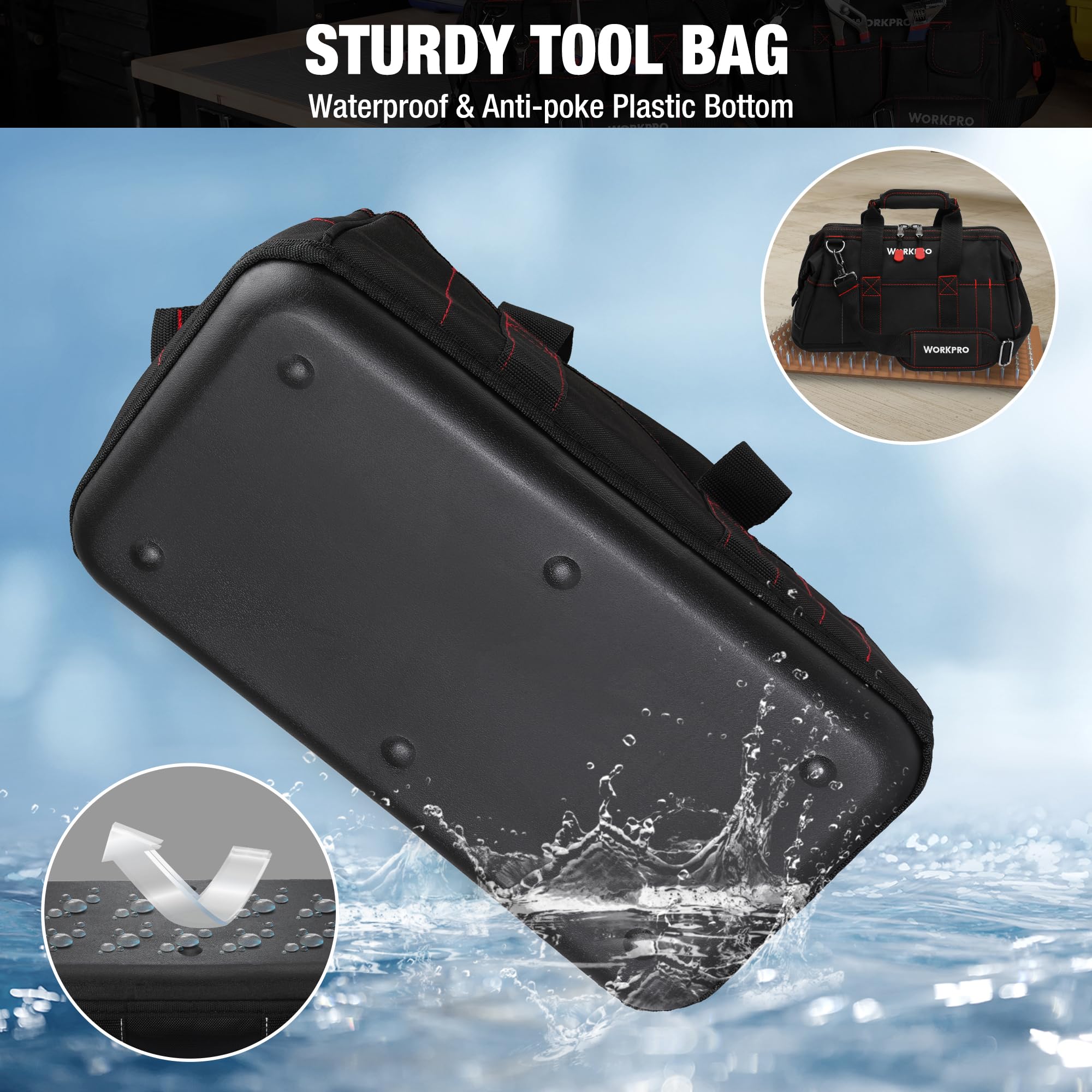WORKPRO 16-inch Close Top Wide Mouth Tool Storage Bag with Water Proof Rubber Base, W081022A, 16