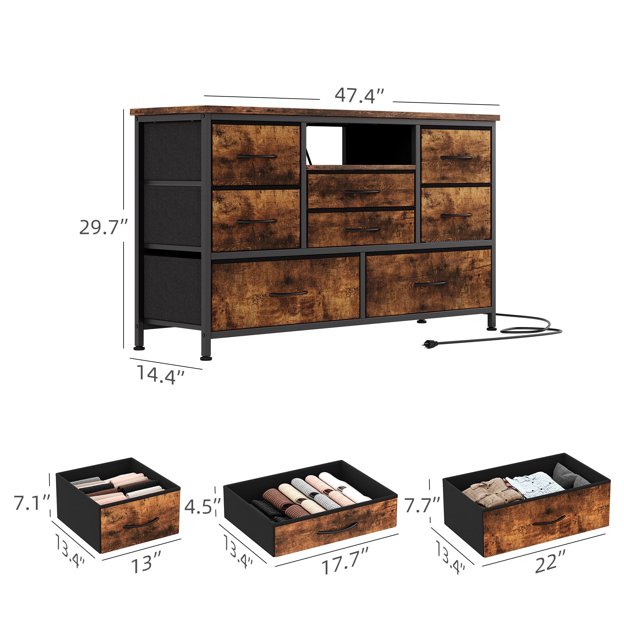 Jojoka 8 Dresser TV Stand with Power Outlet & LED for 55' TV, Long Dresser for Bedroom with 8 Deep Drawers, Wide Console Table for Storage in Closet, Living Room, Entryway, Wood Top