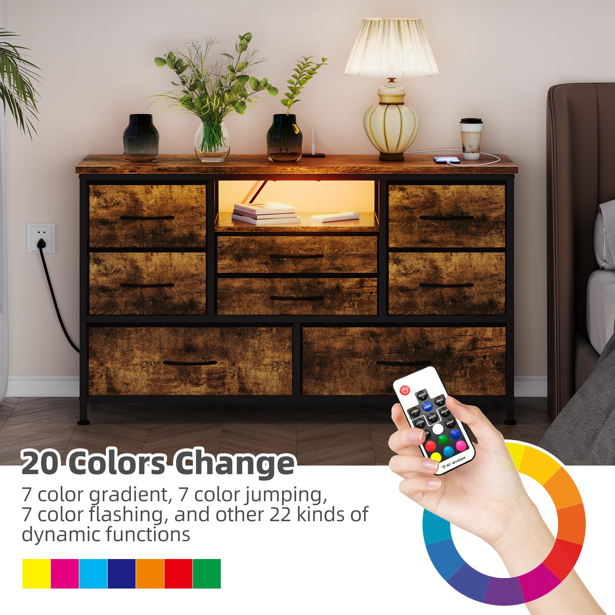 Jojoka 8 Dresser TV Stand with Power Outlet & LED for 55' TV, Long Dresser for Bedroom with 8 Deep Drawers, Wide Console Table for Storage in Closet, Living Room, Entryway, Wood Top