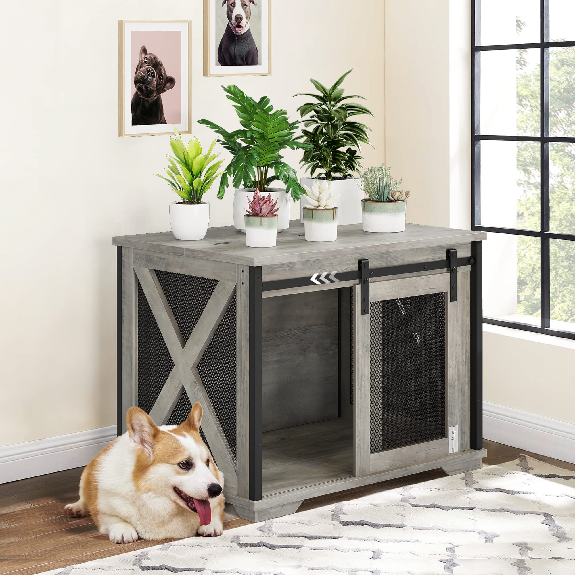 IDEALHOUSE 37' Dog Crate Furniture Side End Table with Flip Top and Movable Divider, Wooden Dog Crate Table Large, Style Dog Kennel Side End Table