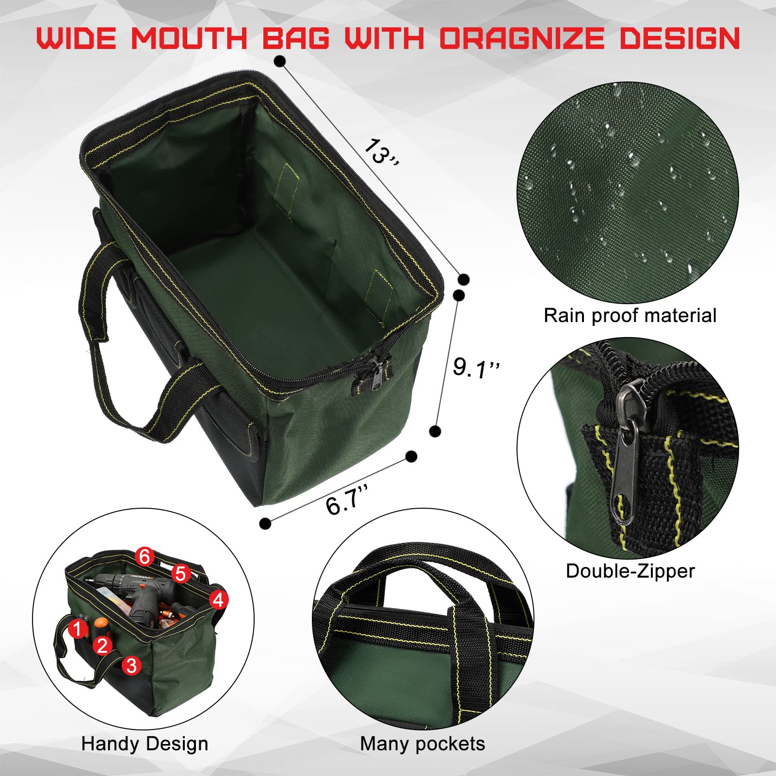 4 Pieces Tool Bag with Waterproof Strong Molded Base Multi Pockets Wide Mouth Tool Tote Multifunctional Tool Bag Large Capacity Organizer Heavy Duty Tool Storage Bag (Multicolor,13 Inch)