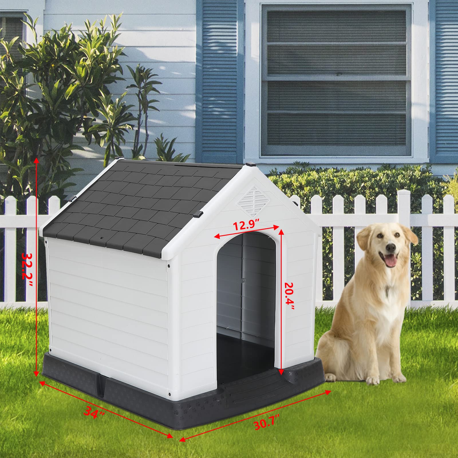 Pet Republic Large Plastic Dog House Indoor Outdoor Doghouse Dog Kennel Easy to Assemble Puppy Shelter w/Air Vents Elevated Floor Waterproof