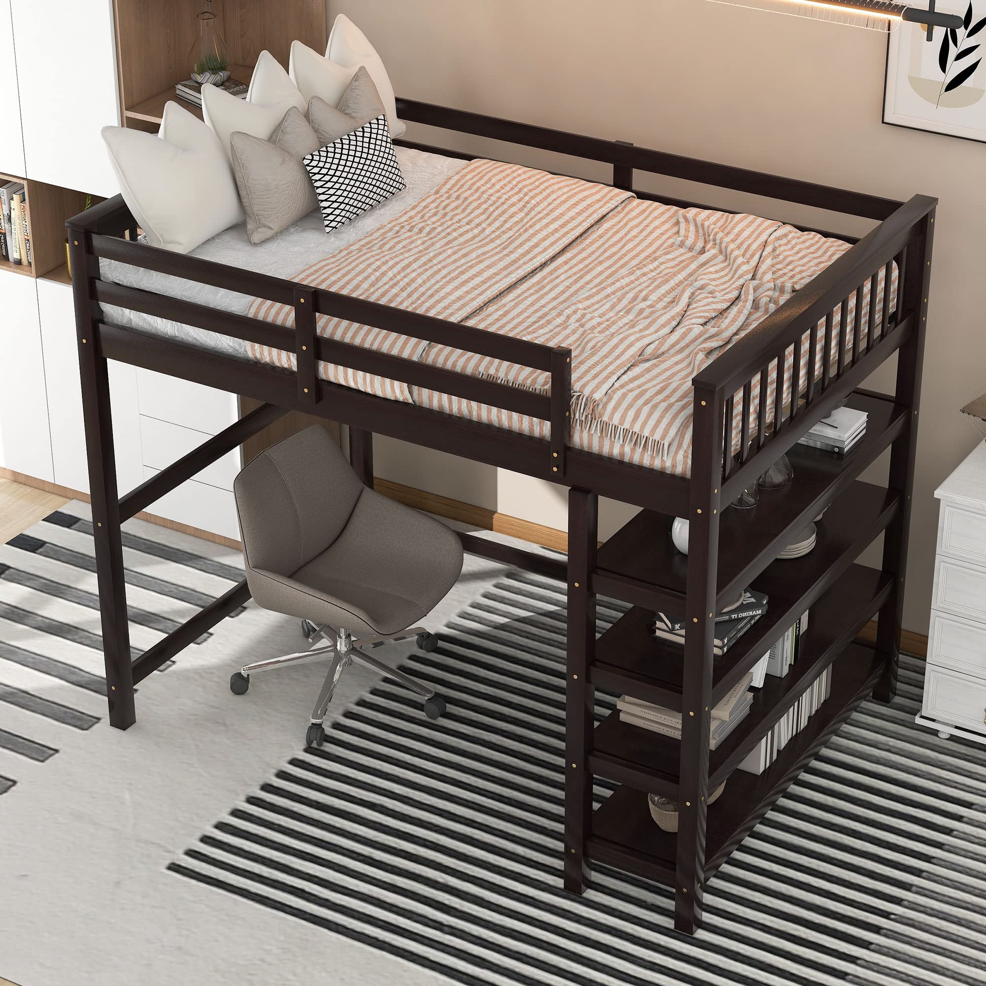 Merax Wood Loft Bed with Desk and Shelves : Twin Size Loft Bed with Storage Shelves and Under-Bed Desk, Twin Loft Bed,Espresso