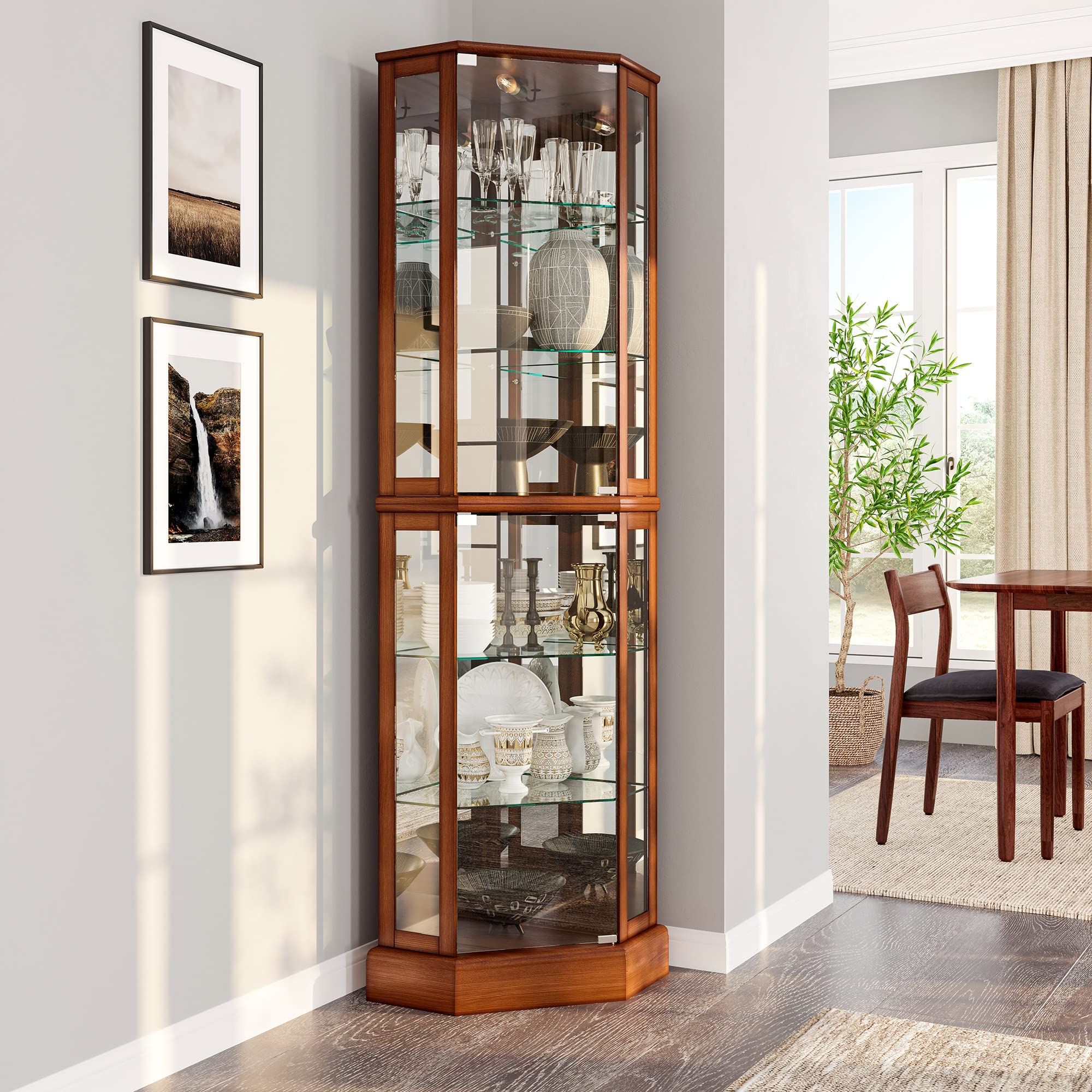 BELLEZE Lighted Curio Cabinet Corner Display Case for Living Room, China Hutch with Tempered Glass Doors and Shelves, Wooden Accent Cabinet, Bar and Liquor Storage Area - Ashfield (Oak)