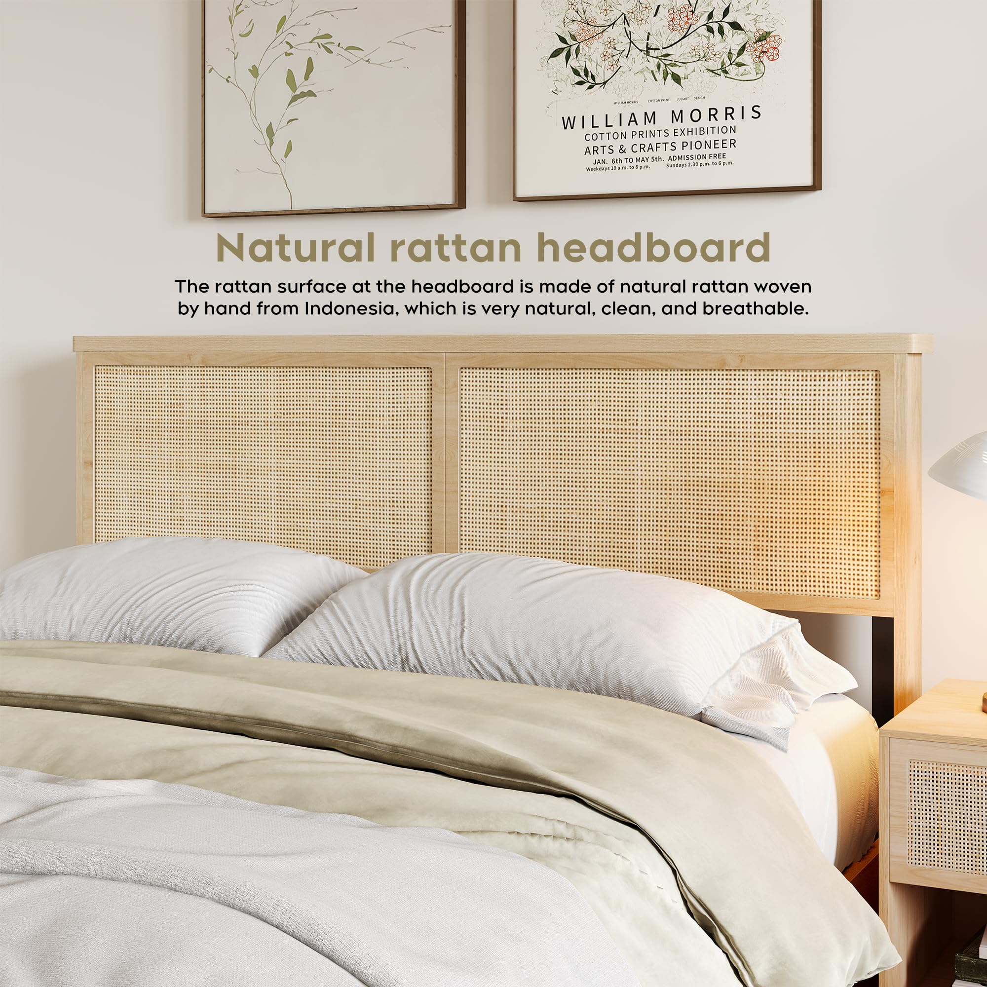 Natural Rattan Headboard Queen Bedframe with 4 Storage Drawers and Footboard, Boho Wooden Platform Bed with Sturdy Steel Frame and Strong Wooden Slats, No Box Spring Needed/Noise-Free/LED Light