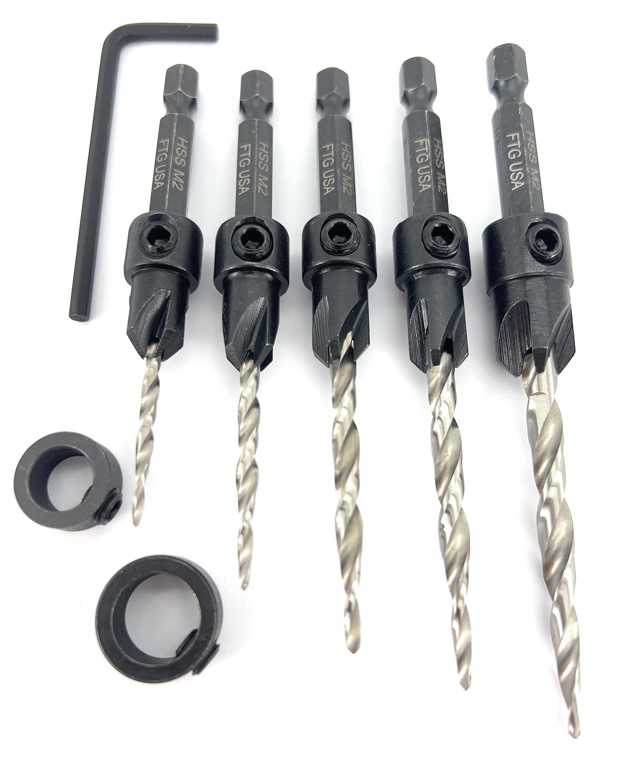 FTG USA Countersink Drill Bit Set 5 Pc Countersink Drill Bit #4#6#8#10#12 Tapered Drill Bits with Improved Countersink Connection Drill Bit to Hex Shank Without Pin, 2 Stop Collar, 1 Allen Wrench