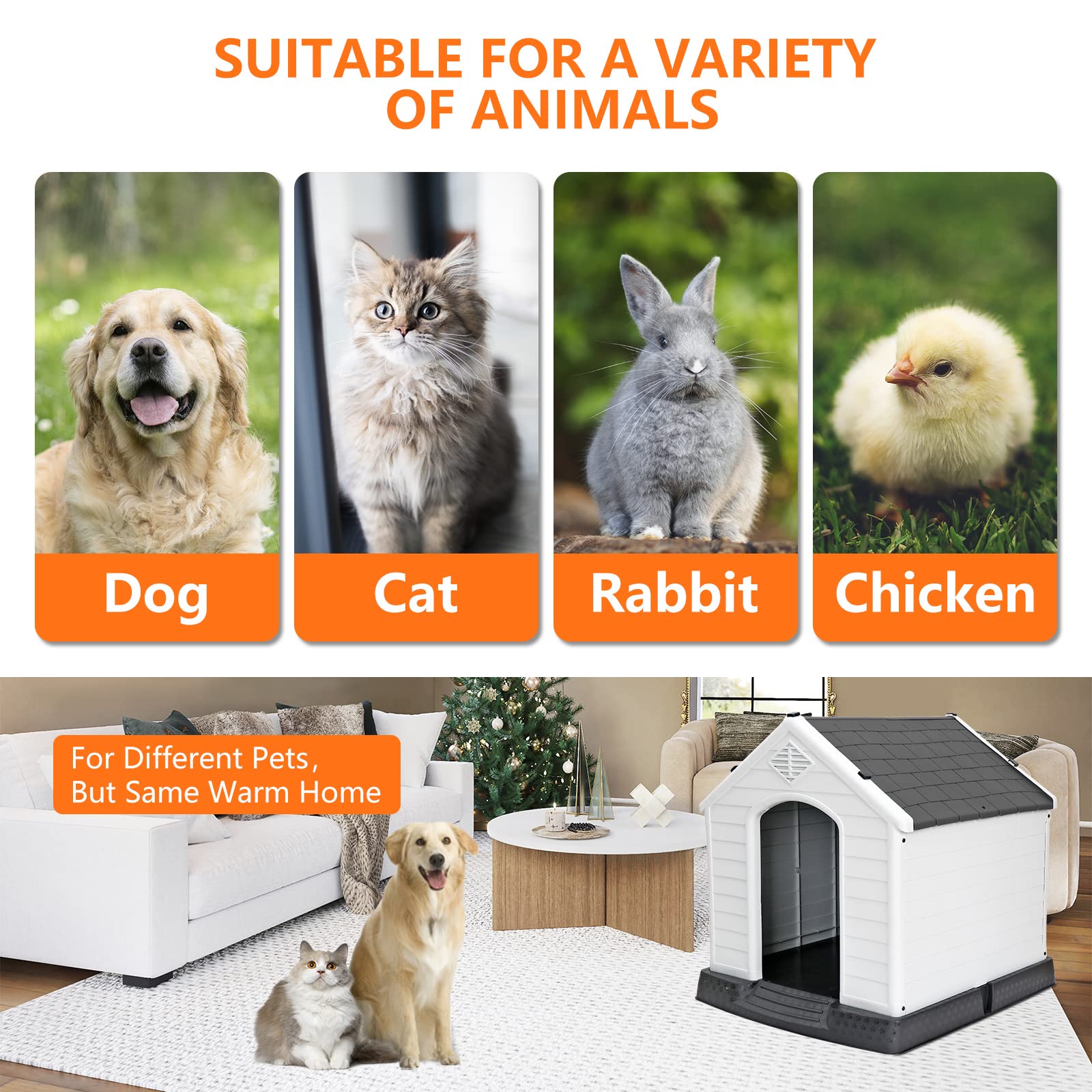 Pet Republic Large Plastic Dog House Indoor Outdoor Doghouse Dog Kennel Easy to Assemble Puppy Shelter w/Air Vents Elevated Floor Waterproof