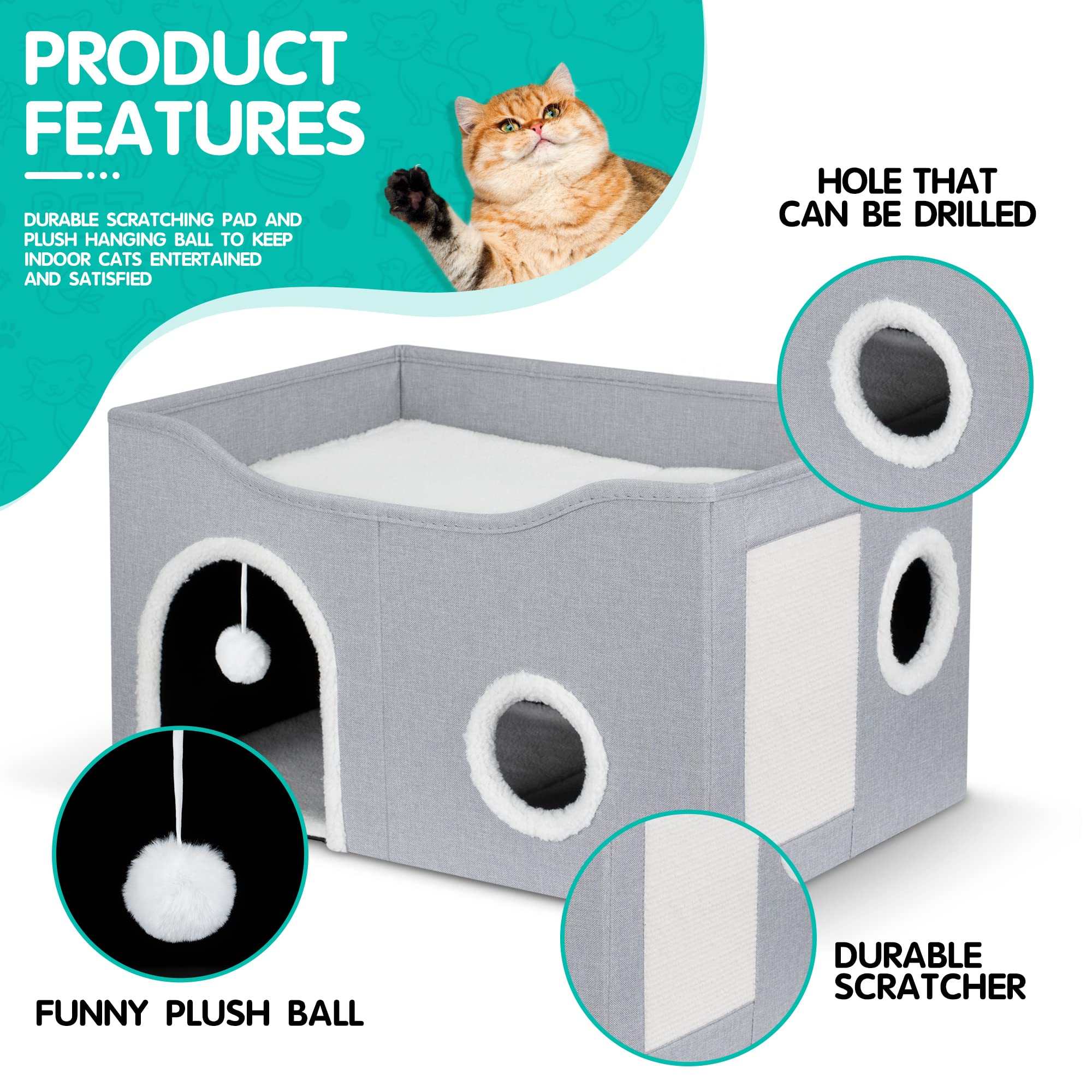 Heeyoo Cat House for Indoor Cats - Large Cat Bed Cave with Fluffy Ball and Scratch Pad, Foldable Cat Condos, Cat Cubes, Cat Hideaway, Covered Cat Bed