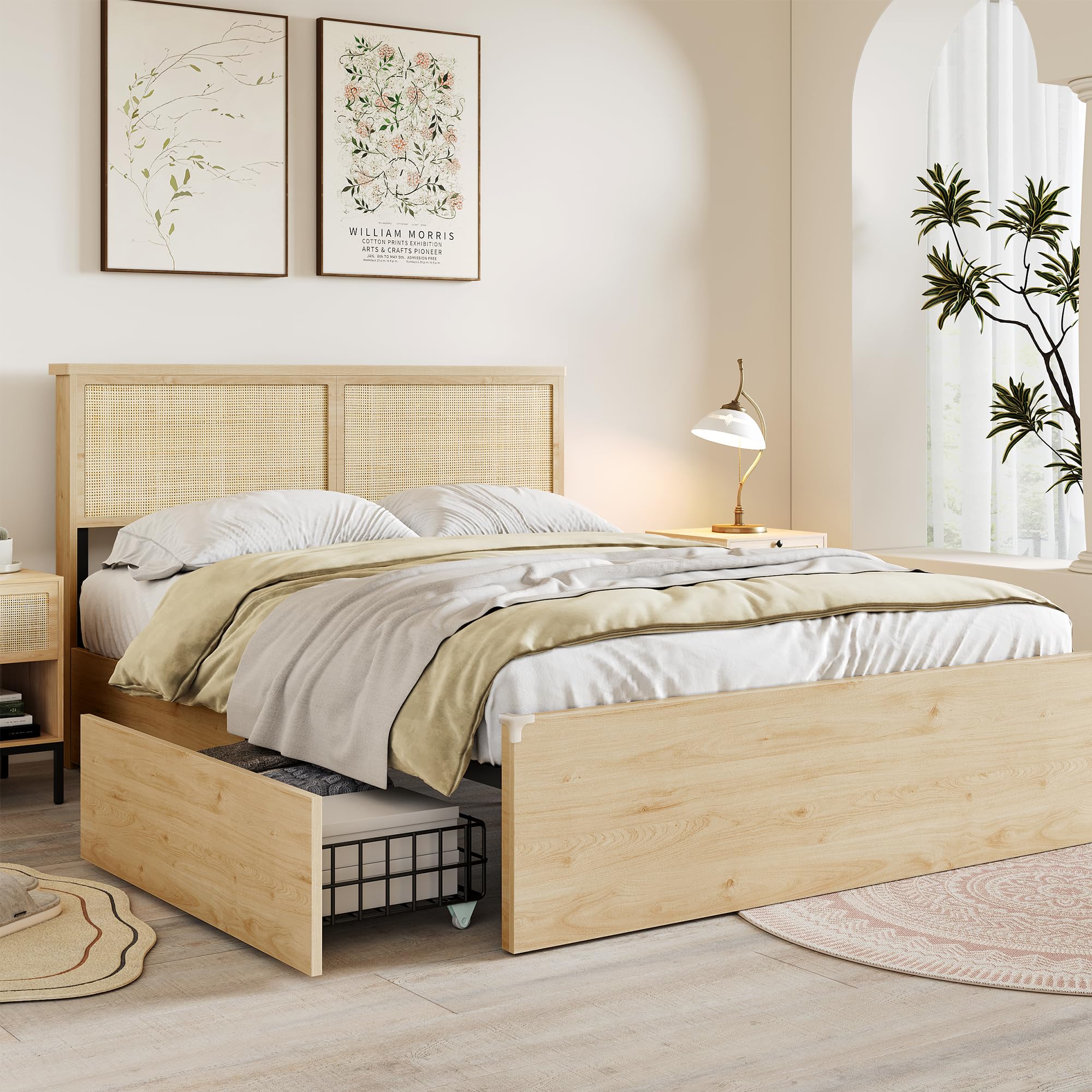Natural Rattan Headboard Queen Bedframe with 4 Storage Drawers and Footboard, Boho Wooden Platform Bed with Sturdy Steel Frame and Strong Wooden Slats, No Box Spring Needed/Noise-Free/LED Light