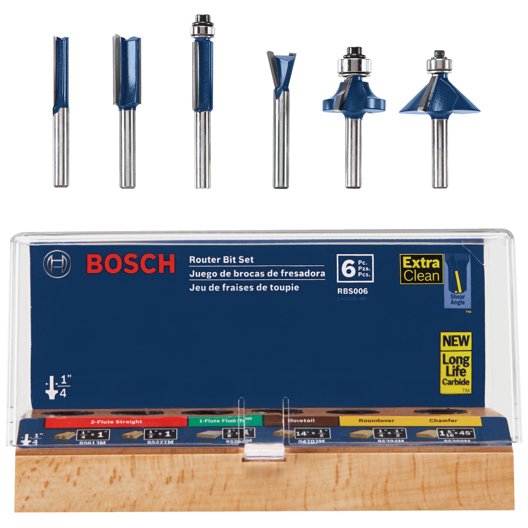 BOSCH RBS006 6-Piece 1/4 In. Shank Carbide-Tipped Multi-Purpose Router Bits Assorted Set with Included Storage Case for Applications in Straight, Trimming, Decorative Edging, Dovetail Joinery