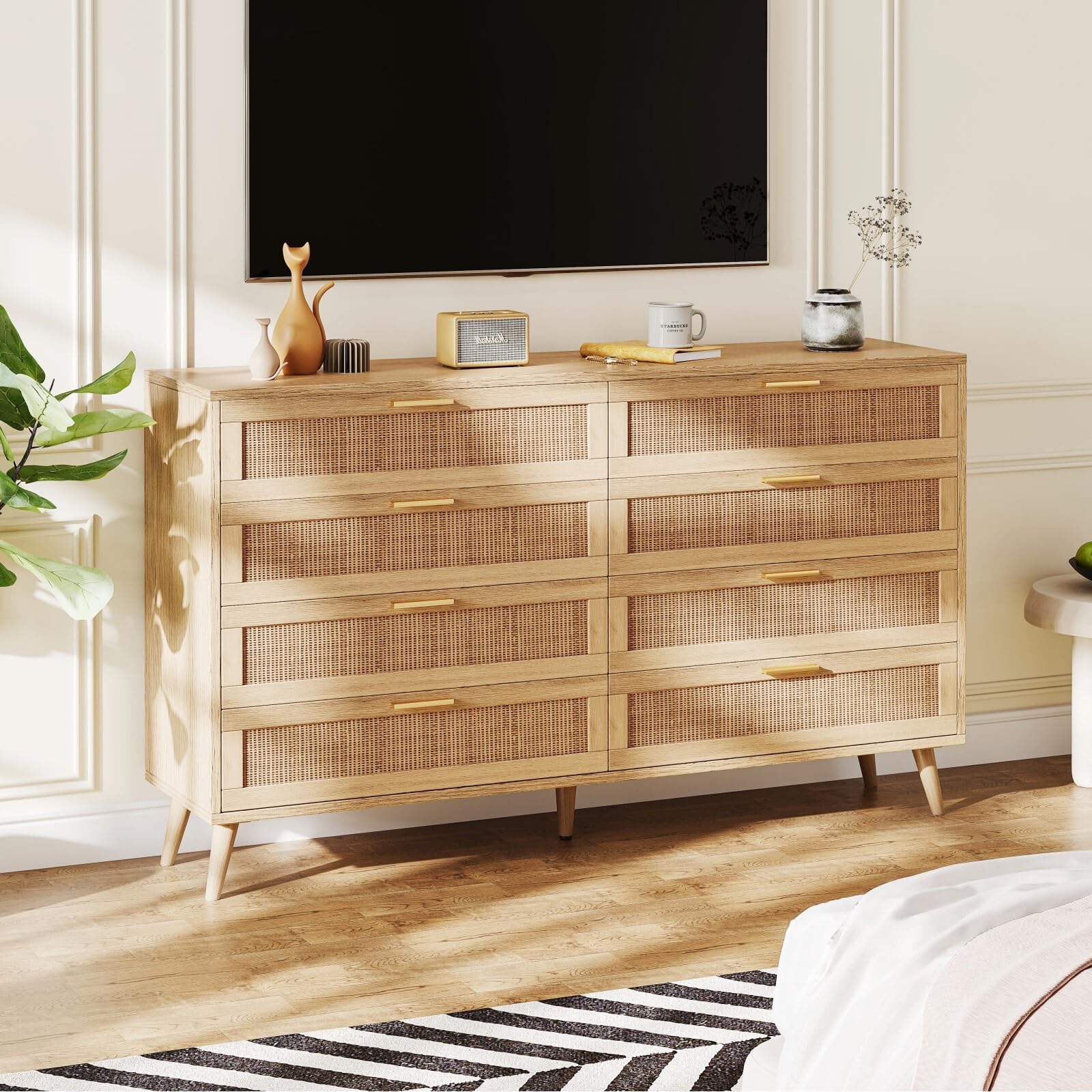 Rovaurx 8 Drawer Double Dresser for Bedroom, Rattan Chest of Dressers, Modern Wooden Dresser Chest with Golden Handles, Beside Table for Closet, Living Room and Entryway, Natural RDG003M