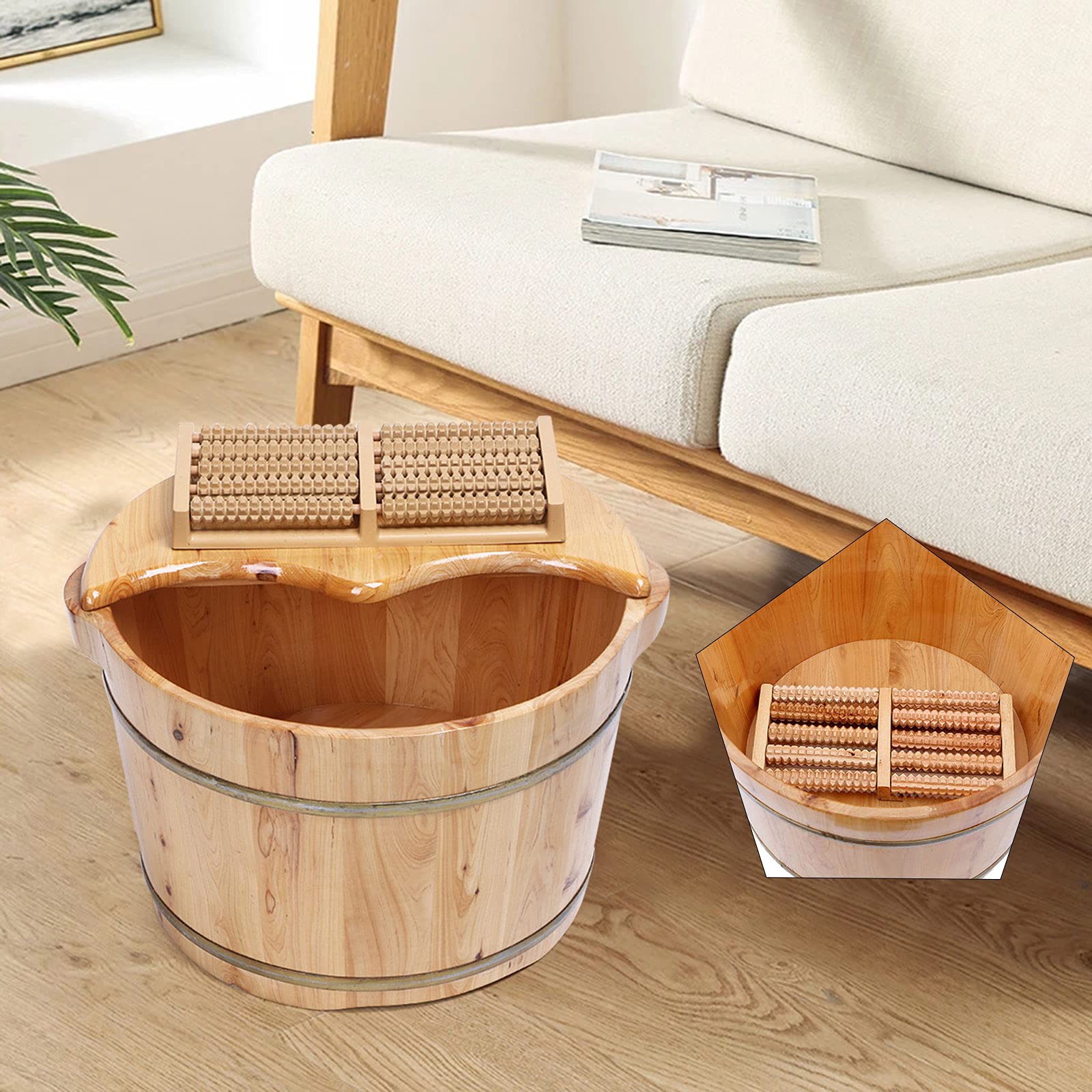 AngelcityCC Wood Foot Tub with Massager and lid, Solid Wood Handmade Wooden Foot Basin Set for Soaking Feet Spa Foot Care