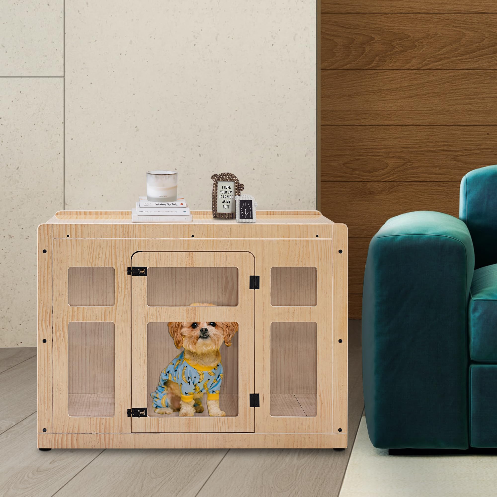 MCombo Wooden Dog Crate Furniture, Dog Kennel Furniture Pet House End Table, Solid Wood Dog Cage Indoor for Small/Medium Dogs, 1421 (Natural)