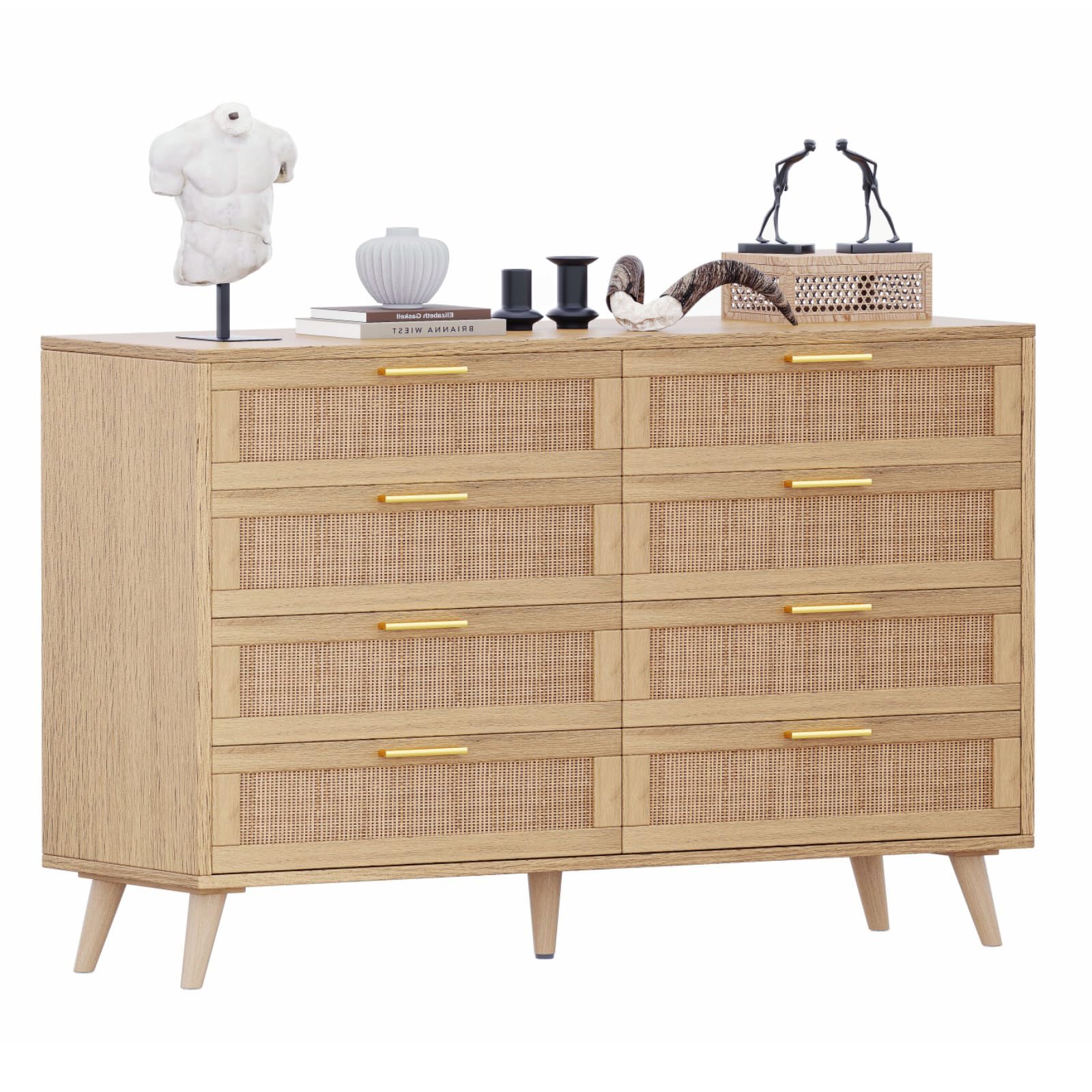 Rovaurx 8 Drawer Double Dresser for Bedroom, Rattan Chest of Dressers, Modern Wooden Dresser Chest with Golden Handles, Beside Table for Closet, Living Room and Entryway, Natural RDG003M