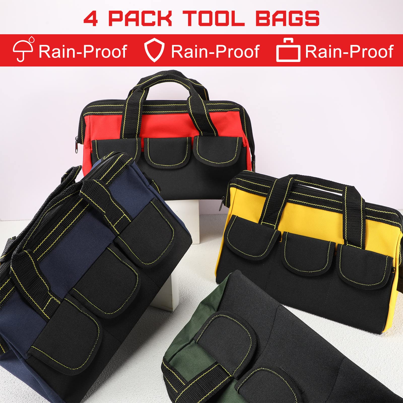 4 Pieces Tool Bag with Waterproof Strong Molded Base Multi Pockets Wide Mouth Tool Tote Multifunctional Tool Bag Large Capacity Organizer Heavy Duty Tool Storage Bag (Multicolor,13 Inch)