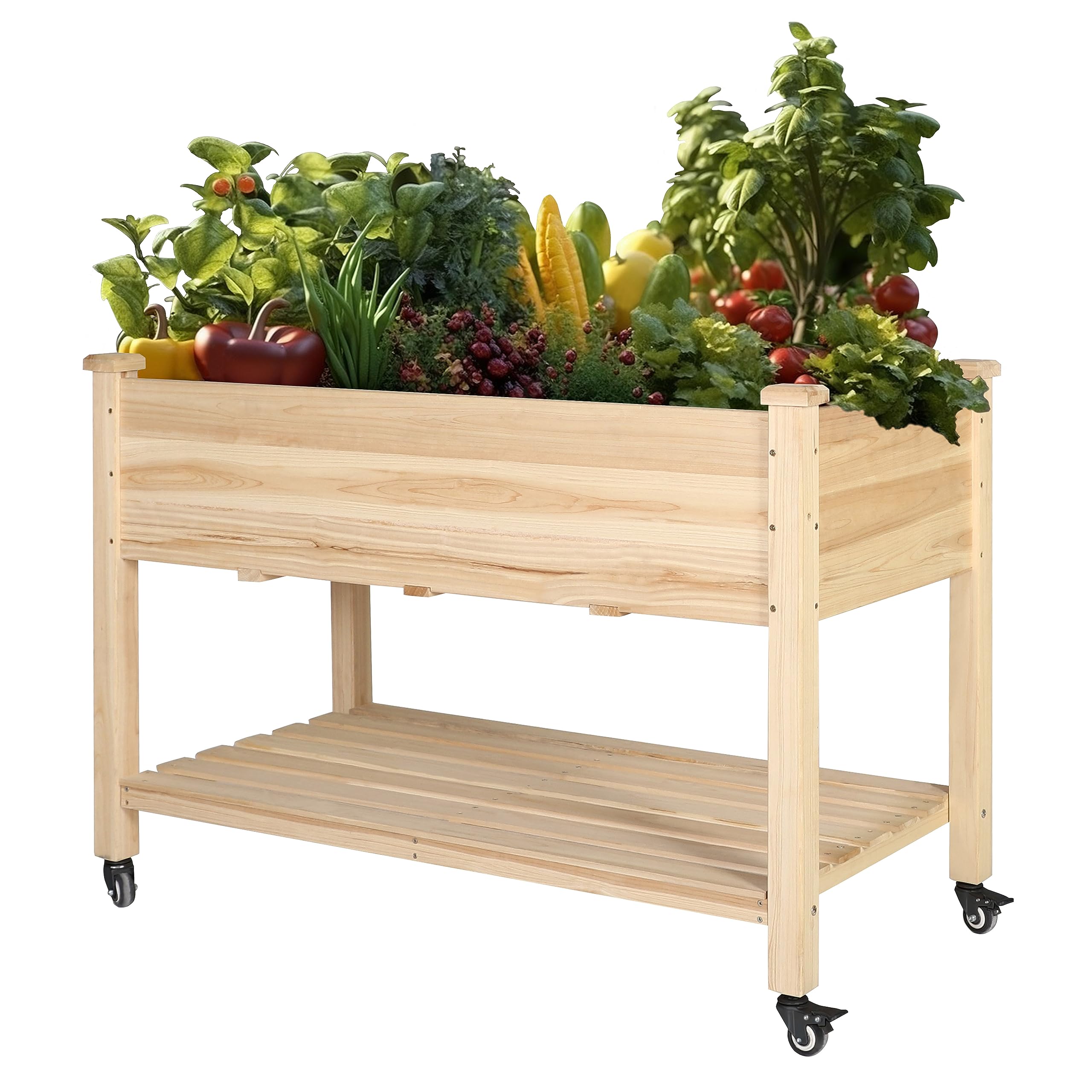 VEIKOU Raised Garden Bed, Planter Box on Wheels with Storage Shelf, Raised Garden Bed with Legs for Patio Backyard, Patio, Balcony, Natural Wood