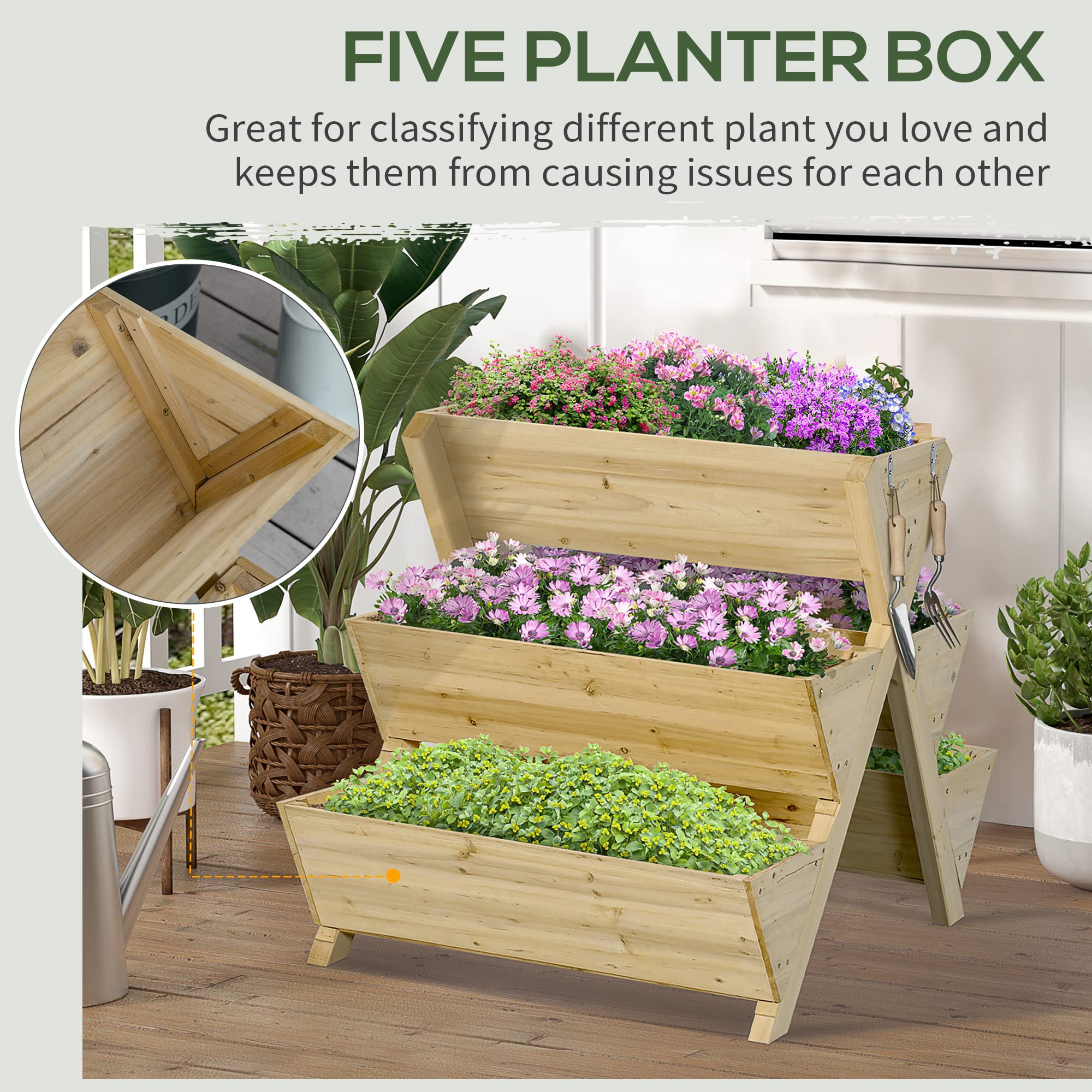 Outsunny 3-Tiers Vertical Raised Garden Bed, Wooden Planter Stand with 5 Elevated Planter Boxes and 4 Hooks, for Herbs, Flowers, or Vegetables in Patio Balcony Indoor Outdoor