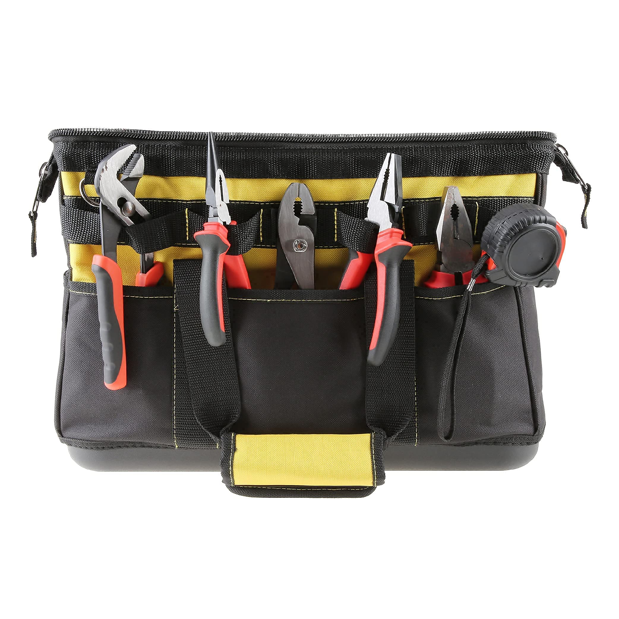 Olympia Tools 16 Inch Wide Mouth Tool Bag, Molded Waterproof Base with 21 Pockets and 7 Belt Loops, Padded Handle, Adjustable Shoulder Strap