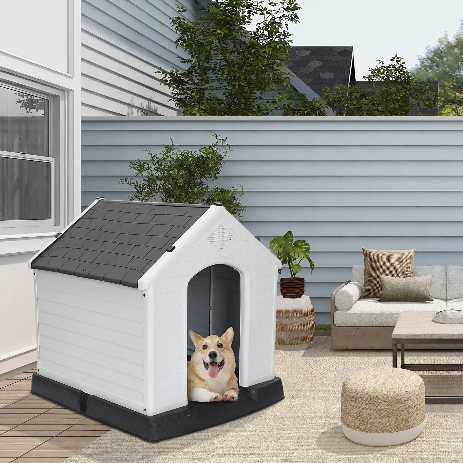 Pet Republic Large Plastic Dog House Indoor Outdoor Doghouse Dog Kennel Easy to Assemble Puppy Shelter w/Air Vents Elevated Floor Waterproof