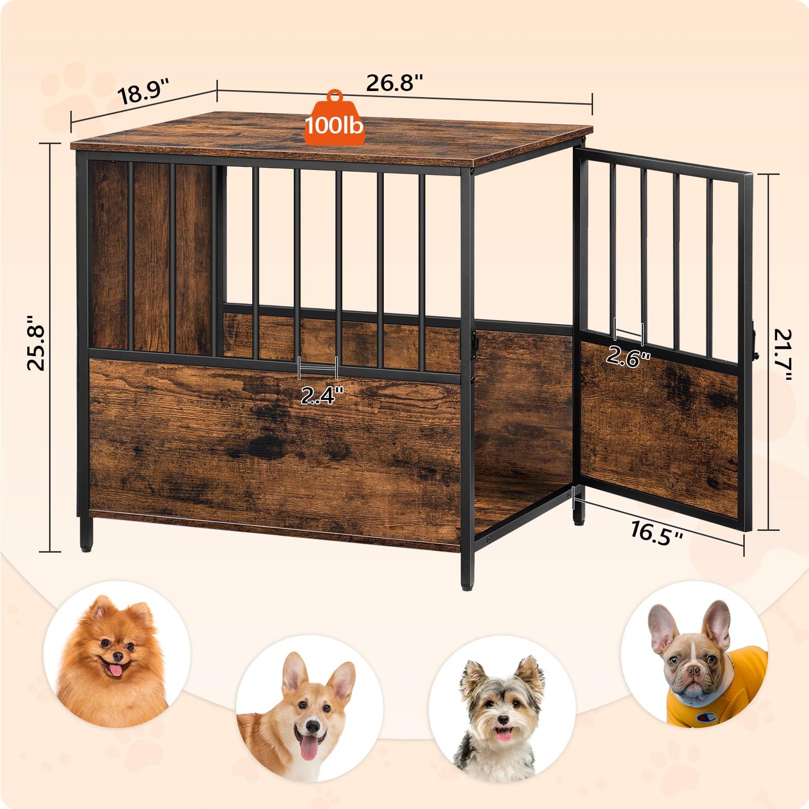 MAHANCRIS Dog Crate Furniture, Wooden Dog Kennel for Small Medium Dogs, Heavy Duty Dog Cage with Lockable Door, Decorative Indoor Dog House End Table, Chew-Resistant, Rustic Brown DCHR6601