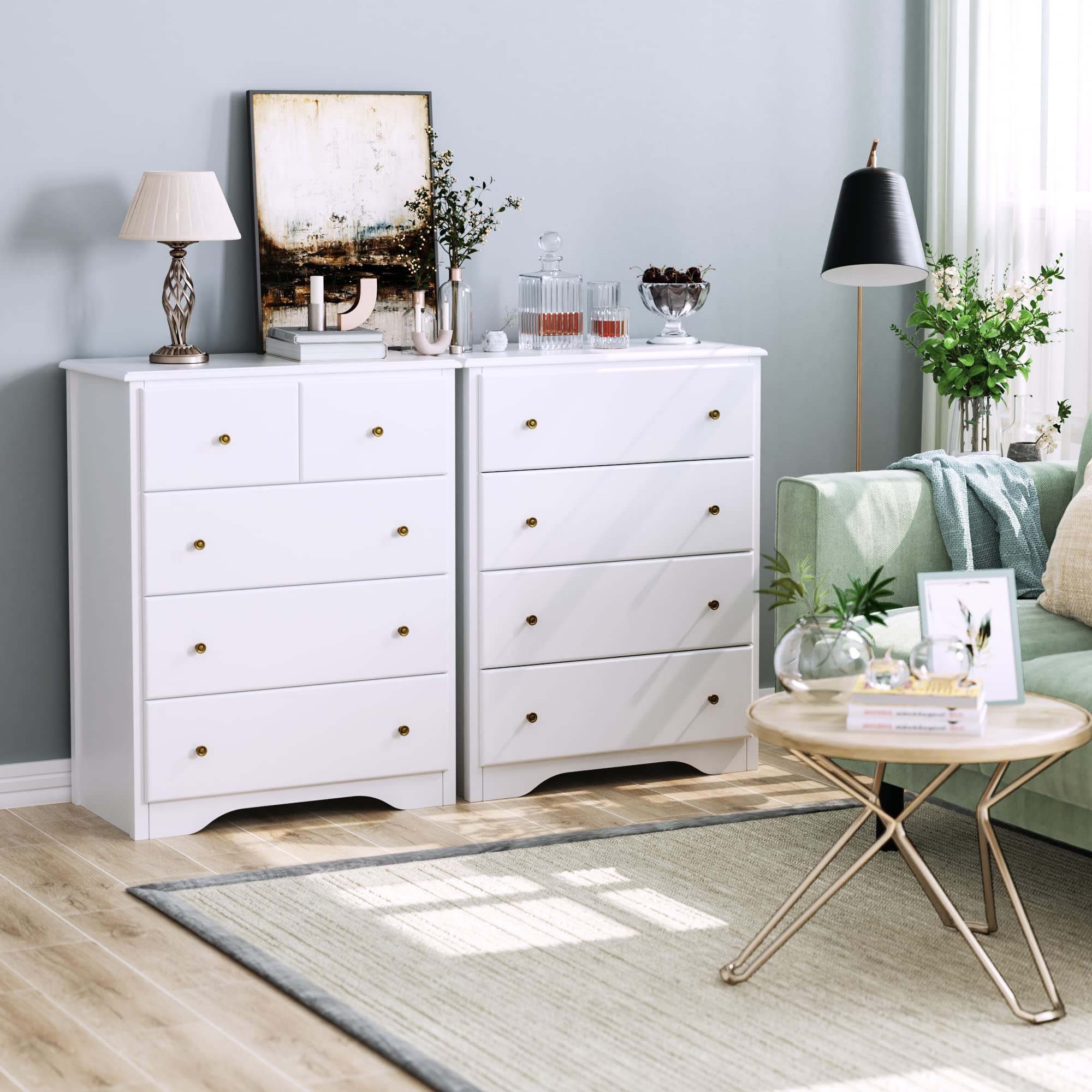 HOUSUIT Dresser with 5 Drawers, Tall Dresser Chest of Drawers, 5 Drawer Dresser with Deep Space, Wood Dresser Storage Cabinet for Living Room, Hallway, Entryway, Office, White
