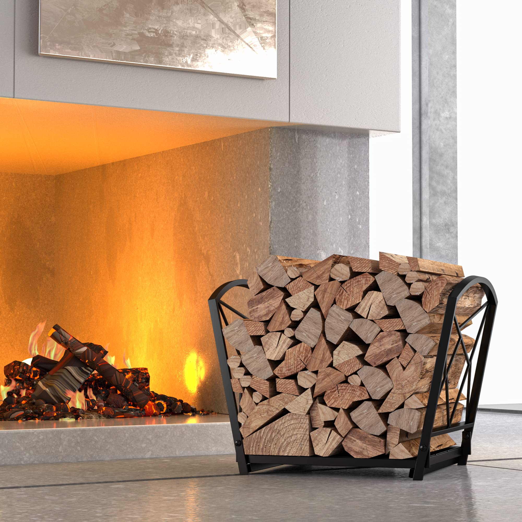 Fire Beauty Firewood Log Rack, Iron Wood Lumber Storage Holder for Fireplace, Heavy Duty Log Storage Bin for Firepit Stove Accessories