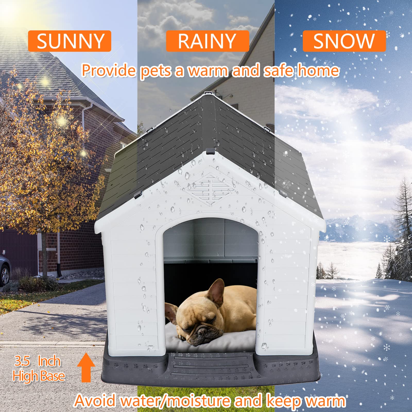 Pet Republic Large Plastic Dog House Indoor Outdoor Doghouse Dog Kennel Easy to Assemble Puppy Shelter w/Air Vents Elevated Floor Waterproof