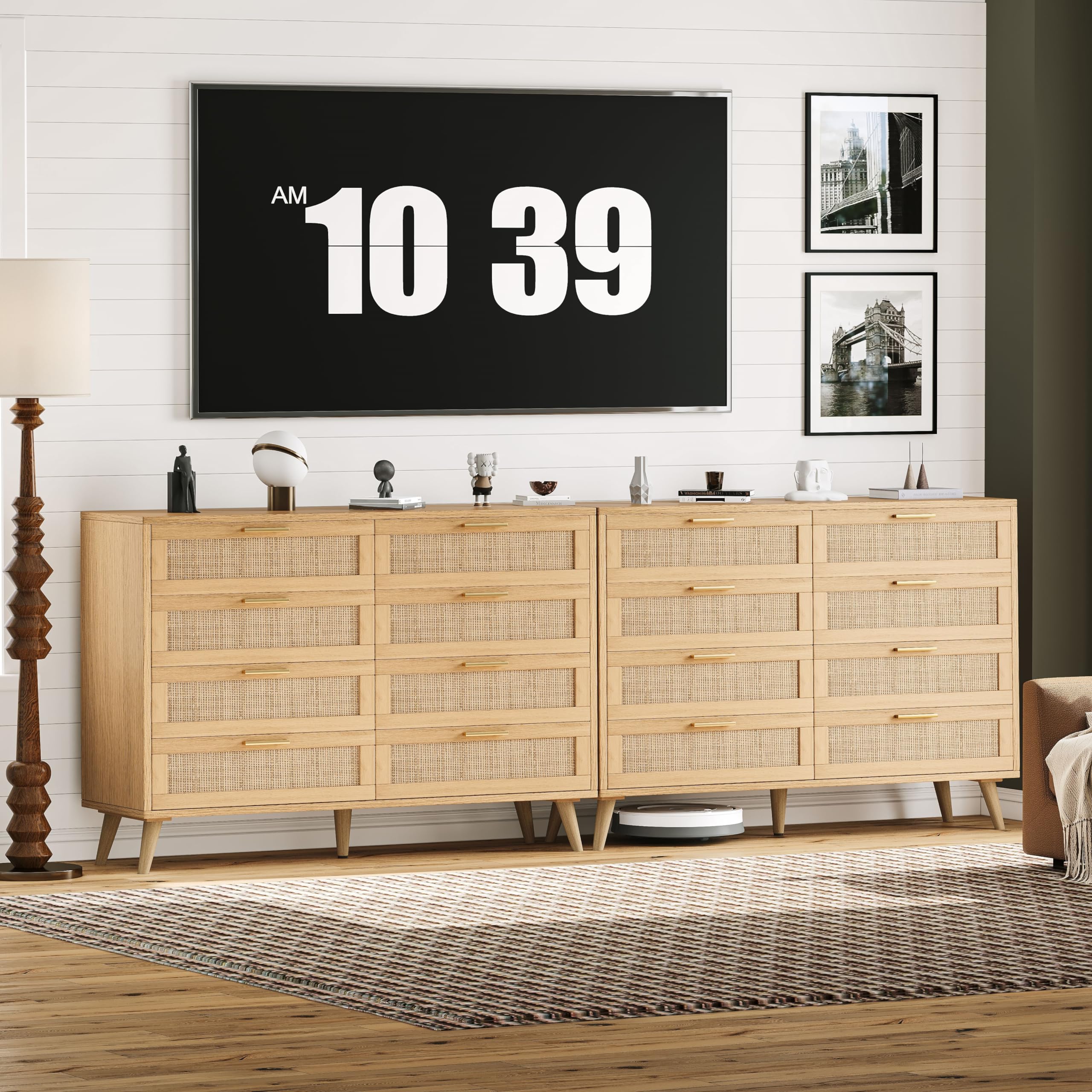 Rovaurx 8 Drawer Double Dresser for Bedroom, Rattan Chest of Dressers, Modern Wooden Dresser Chest with Golden Handles, Beside Table for Closet, Living Room and Entryway, Natural RDG003M