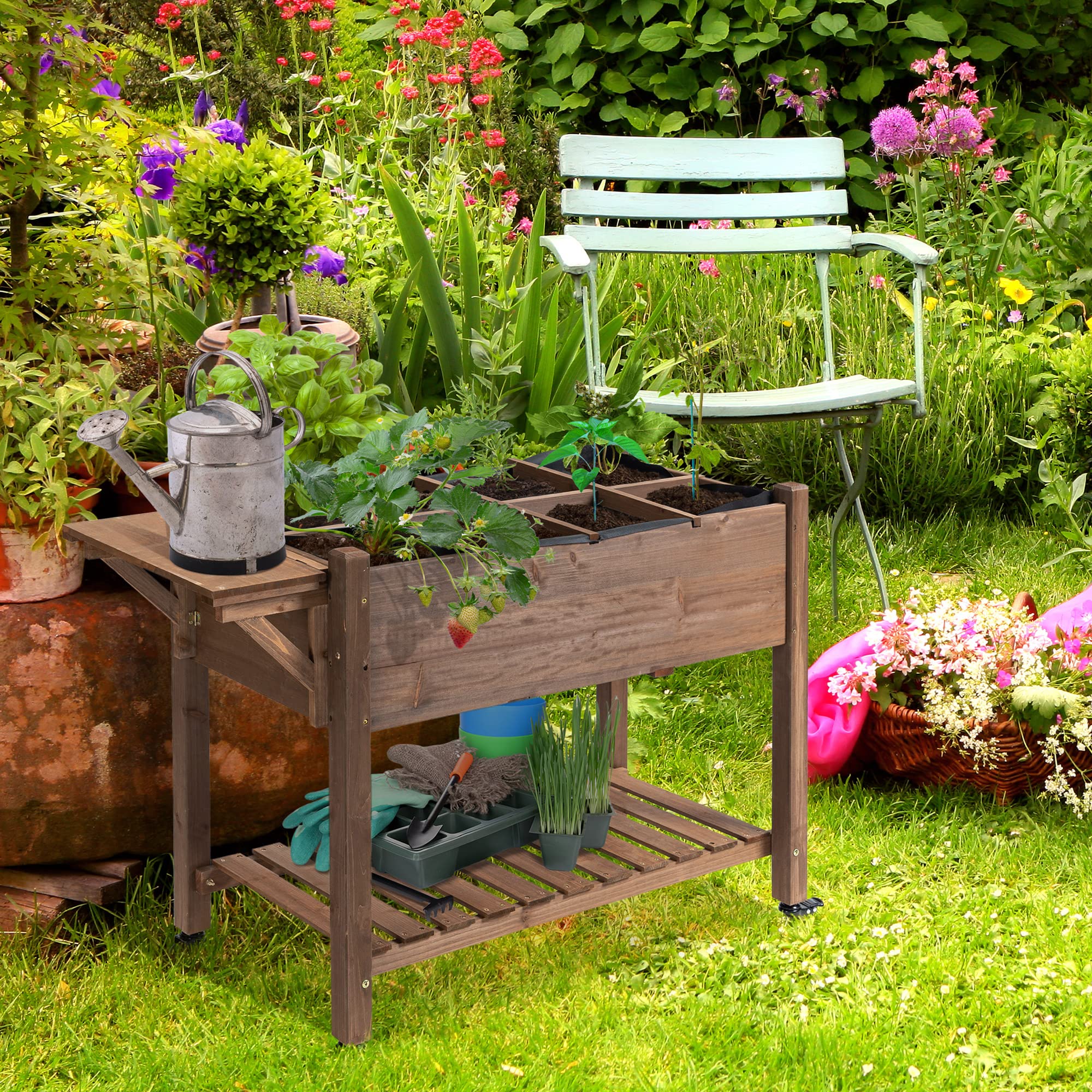 Outsunny Raised Garden Bed with 8 Grow Grids, Wooden Outdoor Plant Box Stand with Folding Side Table and Wheels, 49