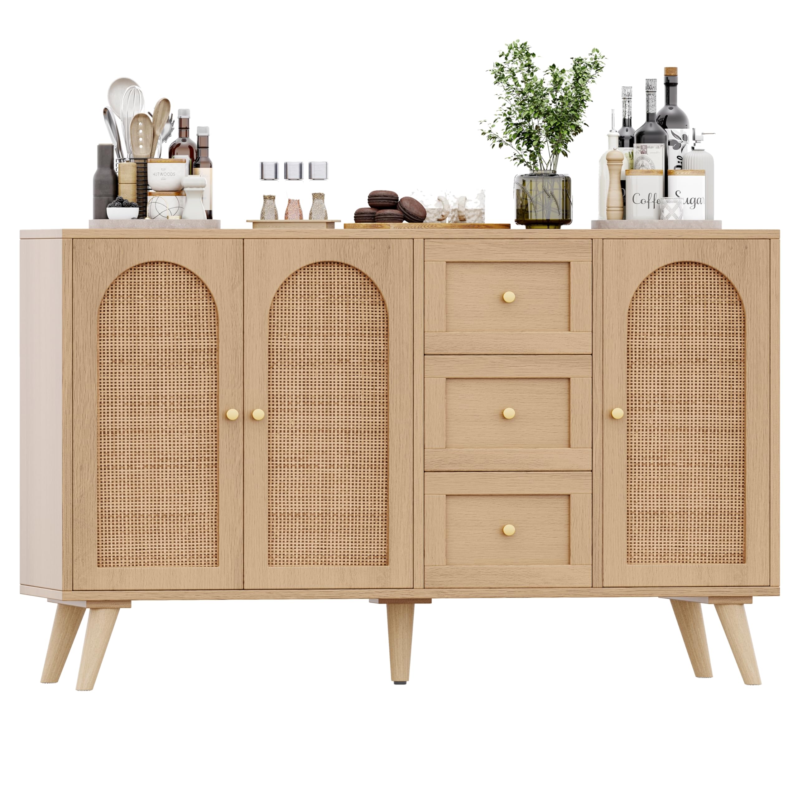 Keehusux Rattan Sideboard, Buffet Cabinet with Rattan Decorated Doors and Adjustable Shelves, Console Table with Drawers, Accent Cabinet for Living Room, Dining Room,Hallway, Natural KES003MCWG