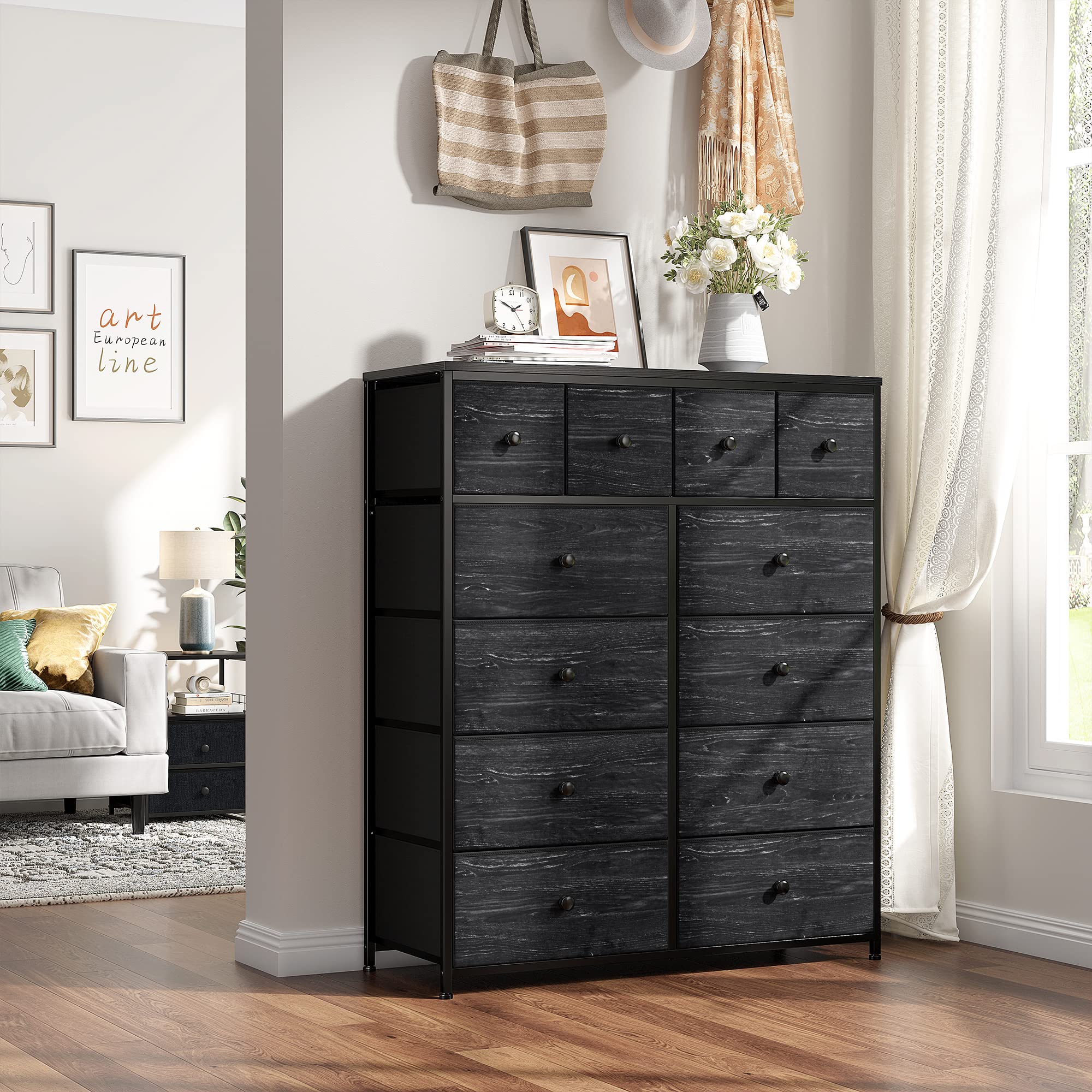 EnHomee Black Dresser for Bedroom with 12 Drawers, Bedroom Dresser with Wooden Top and Metal Frame, Tall Dressers & Chests of Drawers for Bedroom, Closet, 40.6