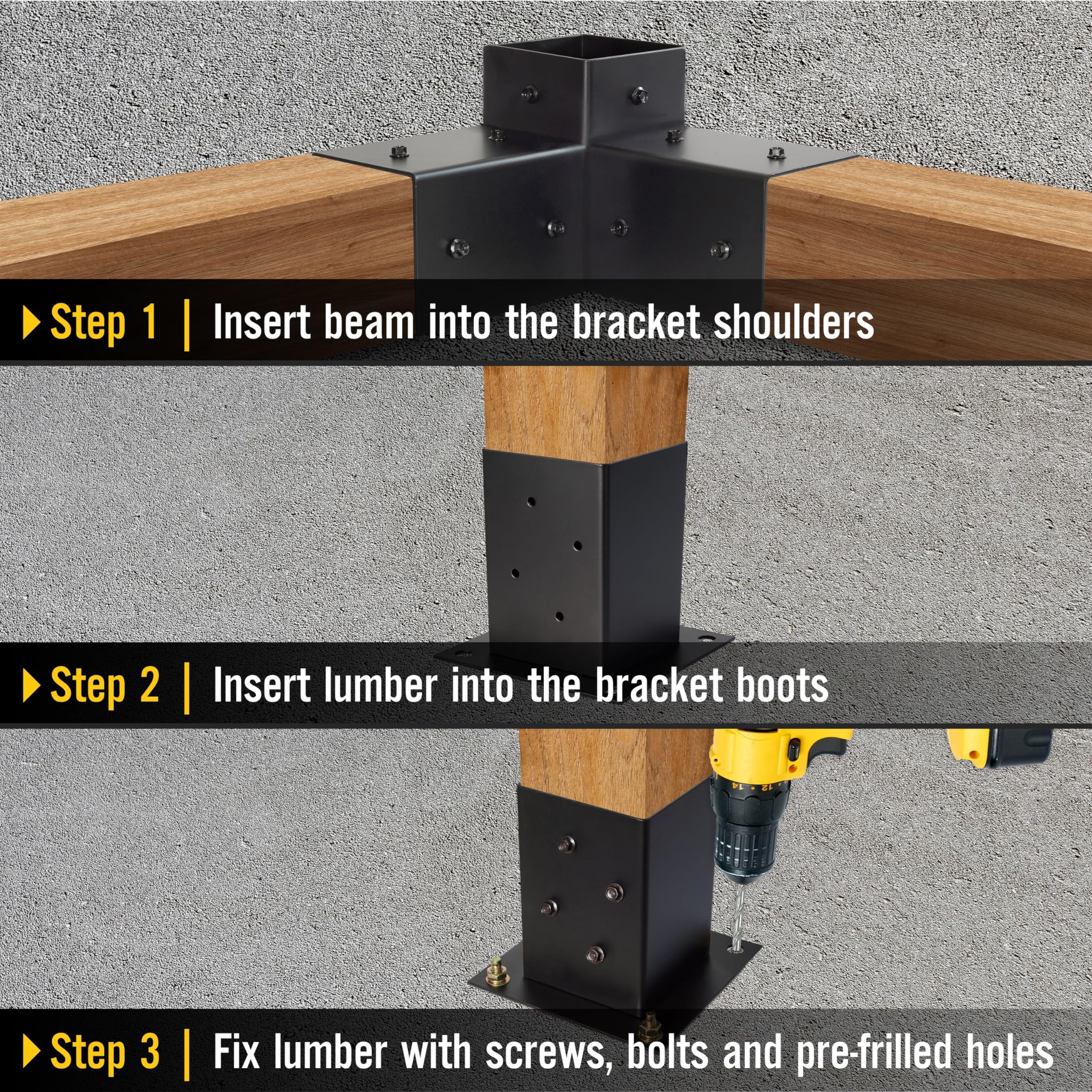 LADECH Pergola Kit with 3-Way Right Angle Corner Brackets Woodworks DIY 4x4 Post Base Kits, Wooden Bracket for Gazebos, Patio Pergolas, Outdoor Pergola Hardware for 4x4 Lumber (4 Corner + 4 Base)