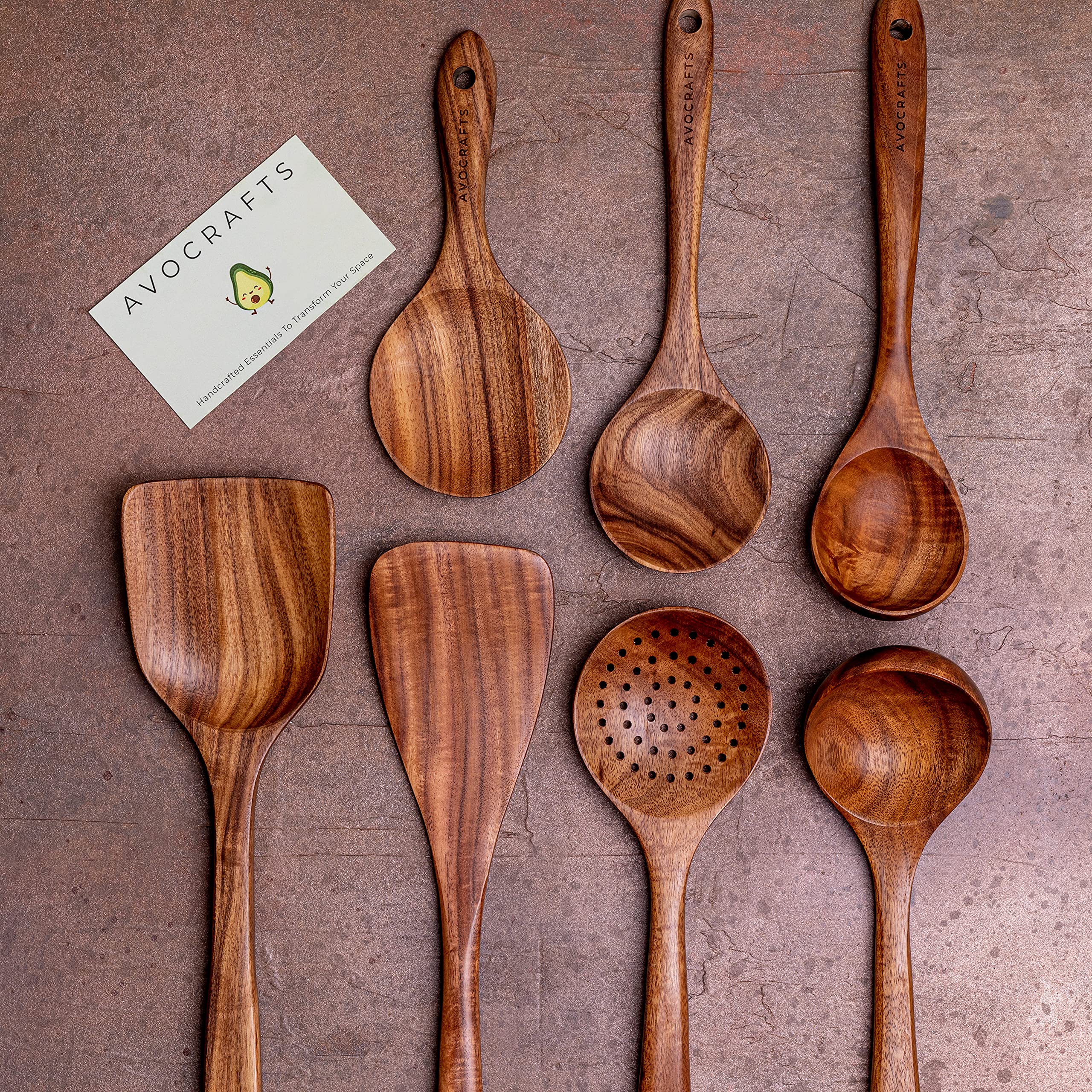 Avocrafts Kitchen Utensil Set for Cooking, Wooden Cooking Spoons and Spatulas, Set of 7 (Add Holder)