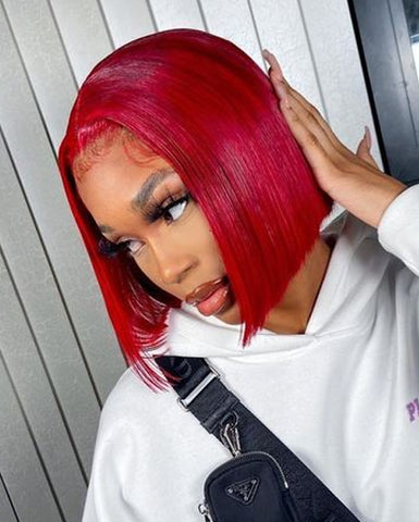 Colored Red Straight Hair Lace Front Bob Wig Human Hair Wigs Pre Plucked Brazilian Remy Hair Lace Frontal Wig
