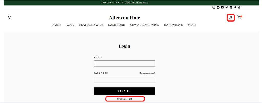 Open the Web page, click on the "Login/Creat an account"
