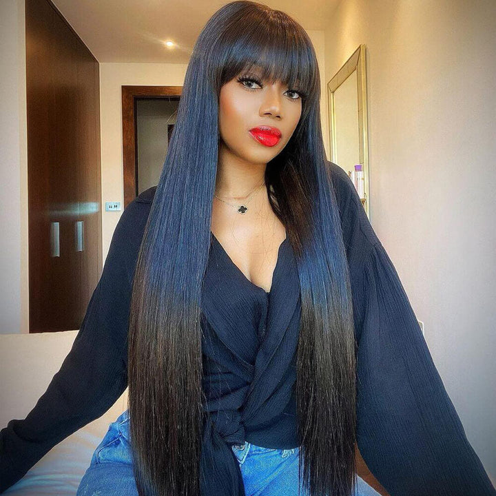 Virgin Straight Human Hair Wigs with Bangs None Lace Front Wigs for Women
