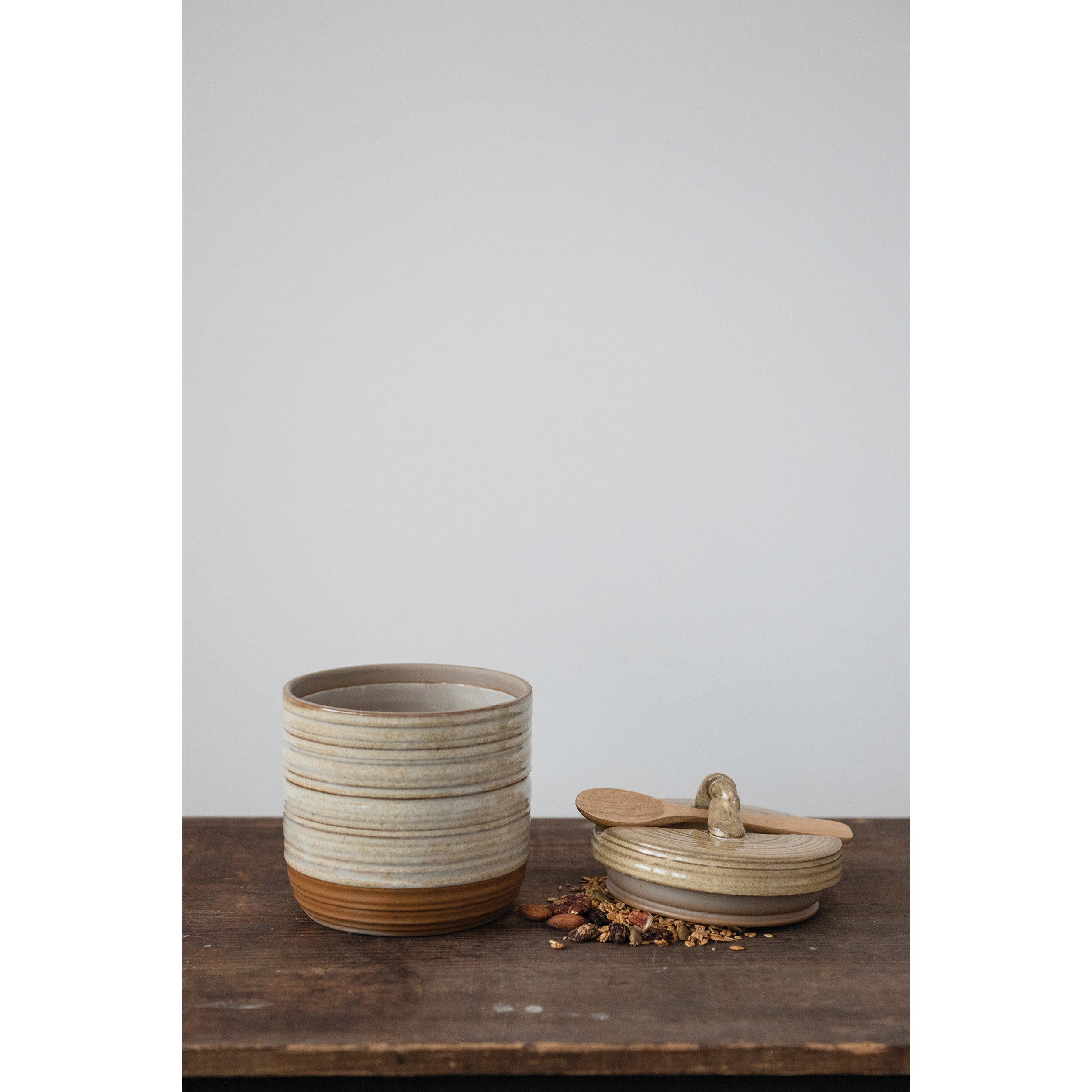 Stoneware Jar with Lid and Wood Spoon