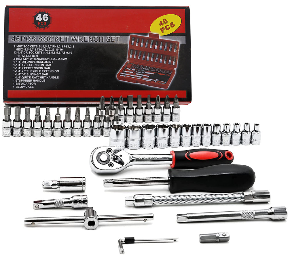 46-piece 1/4 Socket Set - Carbon Steel Torque Wrench Socket Set With Ratchets, T-handle