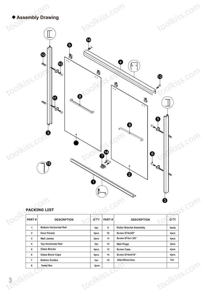 56''-60''x72'' sliding shower door installation assembly drawing-TK19118