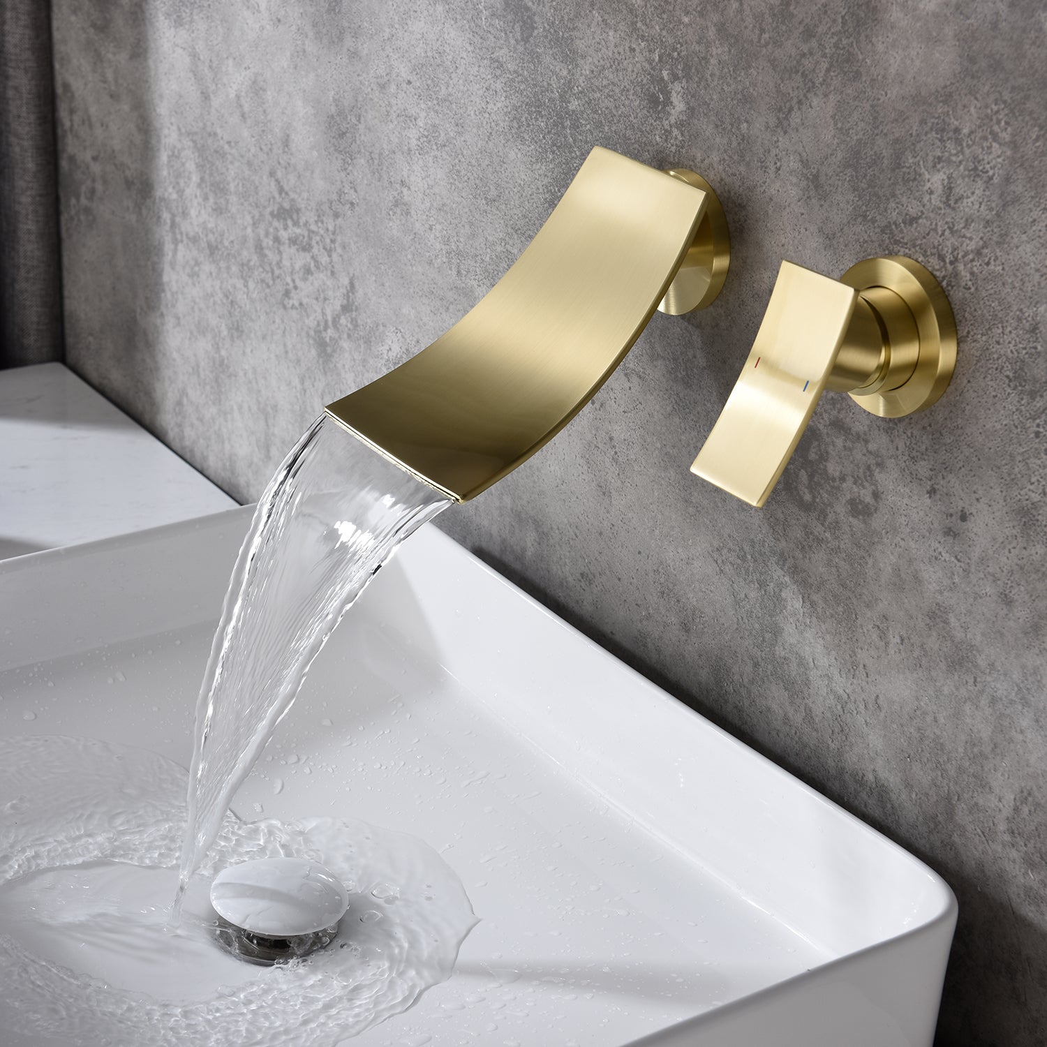 Gold Bathroom Faucet Wall Mounted for Sink Waterfall 2 Holes Single Handle Brass Stainless Steel Commercial Modern Easy to Install