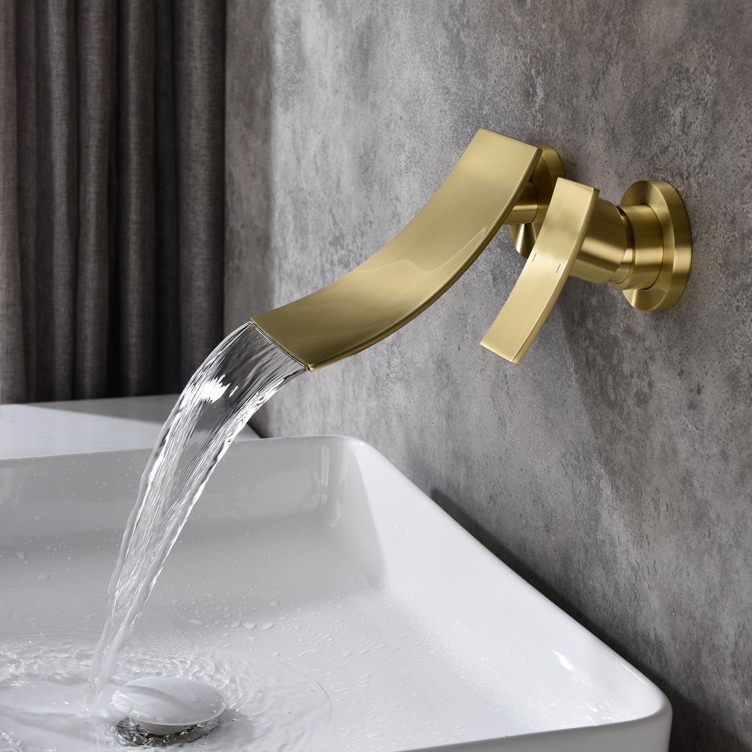 Gold Bathroom Faucet Wall Mounted for Sink Waterfall 2 Holes Single Handle Brass Stainless Steel Commercial Modern Easy to Install