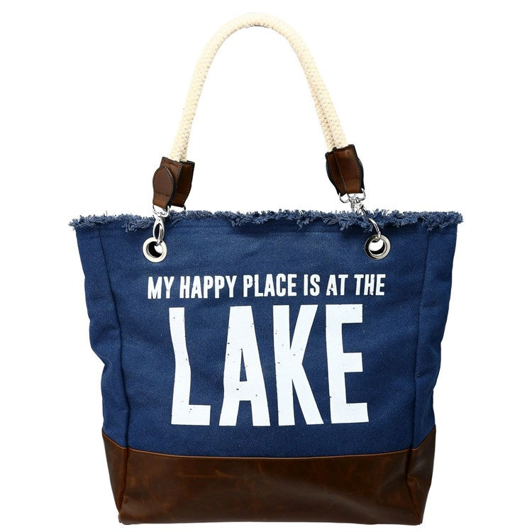 My Happy Place is at the Lake Navy Canvas Tote