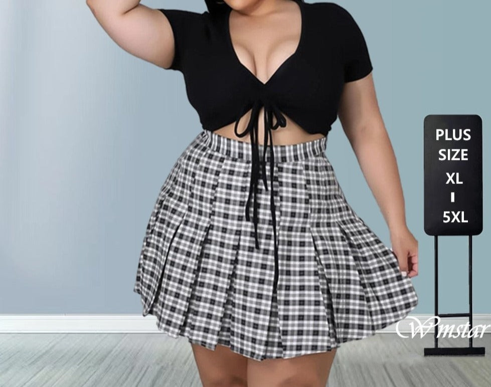 Plus Size Lace up crop Top and Skirt Sets for Women