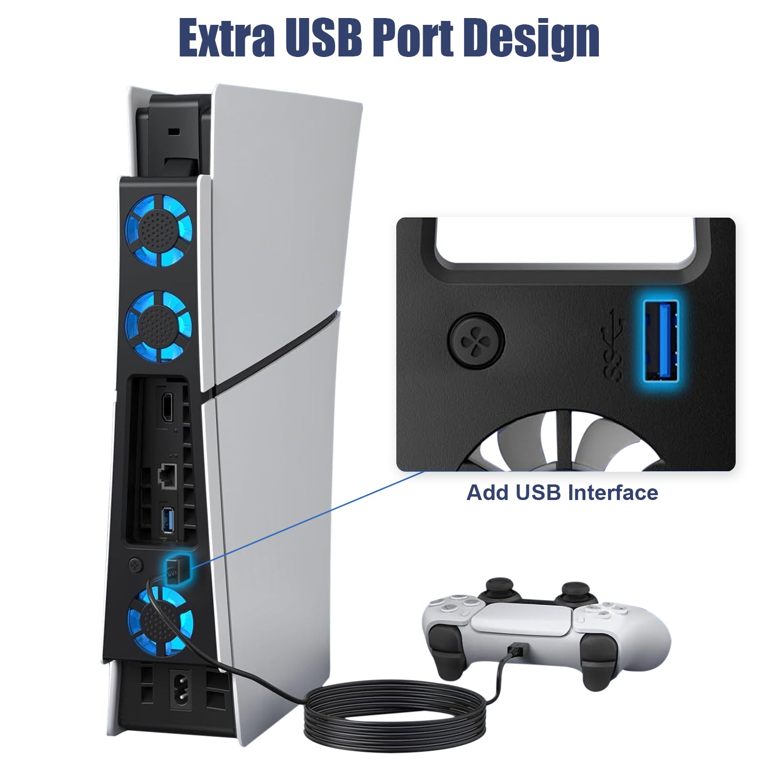 External Cooling Fan Holder with LED Light for PS5 - Adjustable Fan Speed Horizontal Cooler System - USB Hub Included for PS5 Slim Disc/Digital Edition - Enhanced Cooling Solution