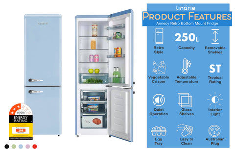 Linärie Appliances | Retro Fridge Collection | 250L Annecy Bottom Mount Fridge LKCO250 | 209L Valloire Top Mount Fridge LK200DD| 91L Tignes Mini Fridge with Built-In Freezer Compartment LK48MB | 48L Chatel Mini Fridge with Built-In Freezer Compartment LK90TT