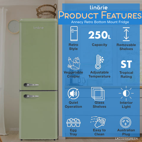 Linarie Appliances | Retro Bottom Mount Fridge | Blue LKCO250BLUE • Pink LKCO250PINK • Green LKCO250GREEN • Black LKCO250BLACK • Red LKCO250RED