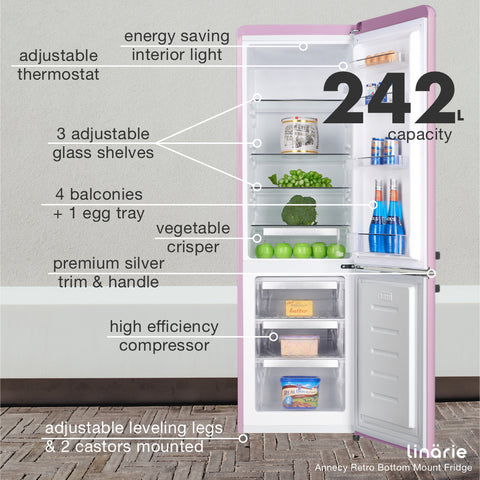 Linarie Appliances | Retro Bottom Mount Fridge | Blue LKCO250BLUE • Pink LKCO250PINK • Green LKCO250GREEN • Black LKCO250BLACK • Red LKCO250RED