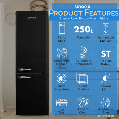 Linarie Appliances | Retro Bottom Mount Fridge | Blue LKCO250BLUE • Pink LKCO250PINK • Green LKCO250GREEN • Black LKCO250BLACK • Red LKCO250RED
