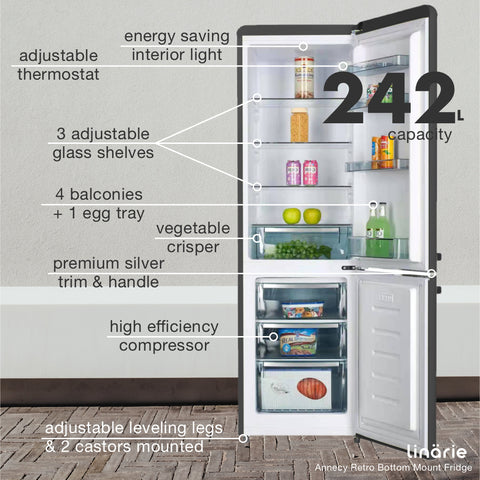 Linarie Appliances | Retro Bottom Mount Fridge | Blue LKCO250BLUE • Pink LKCO250PINK • Green LKCO250GREEN • Black LKCO250BLACK • Red LKCO250RED