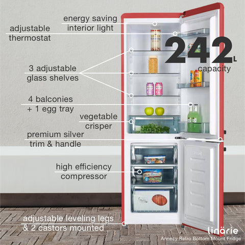 Linarie Appliances | Retro Bottom Mount Fridge | Blue LKCO250BLUE • Pink LKCO250PINK • Green LKCO250GREEN • Black LKCO250BLACK • Red LKCO250RED